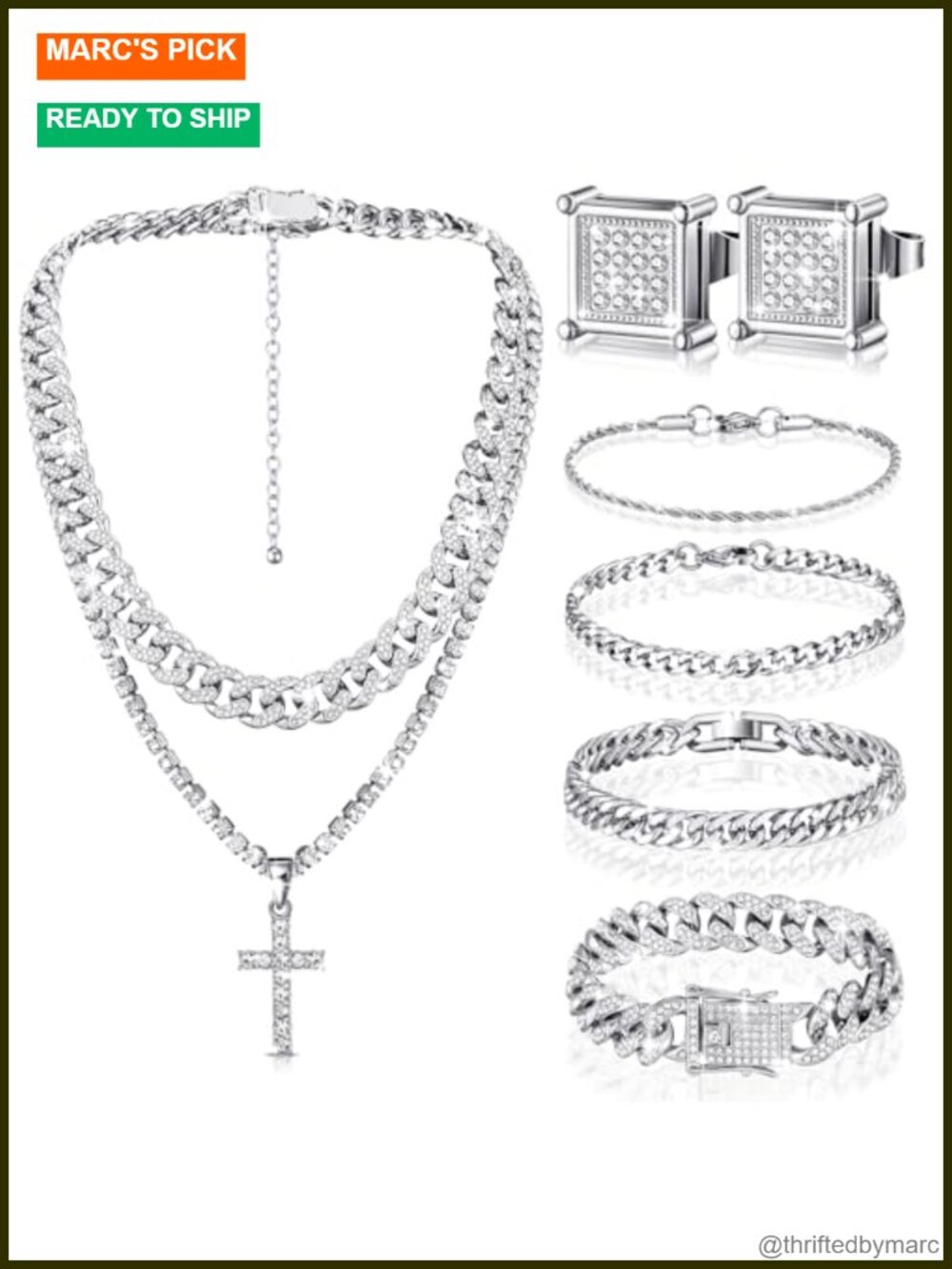 6 Piece Hip Hop Jewelry Set for Men Rhinestone Link Chain Bracelet Earrings